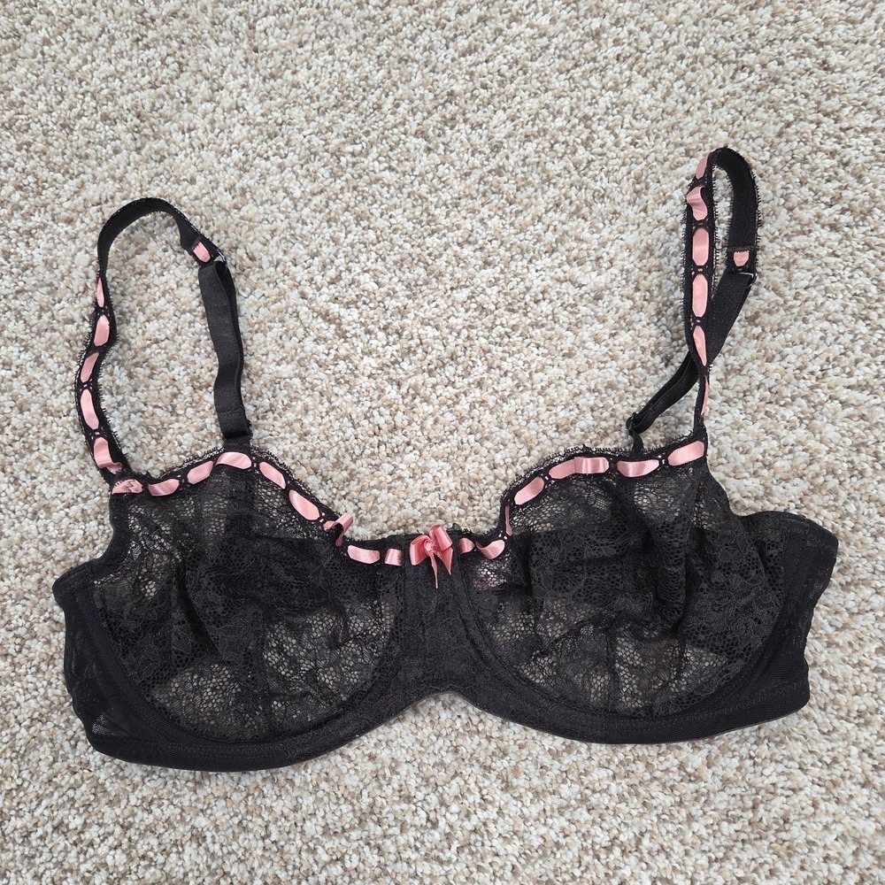 Victoria's Secret Unlined‎ Full Coverage Black Lace 36D Bra Vintage Pink Label